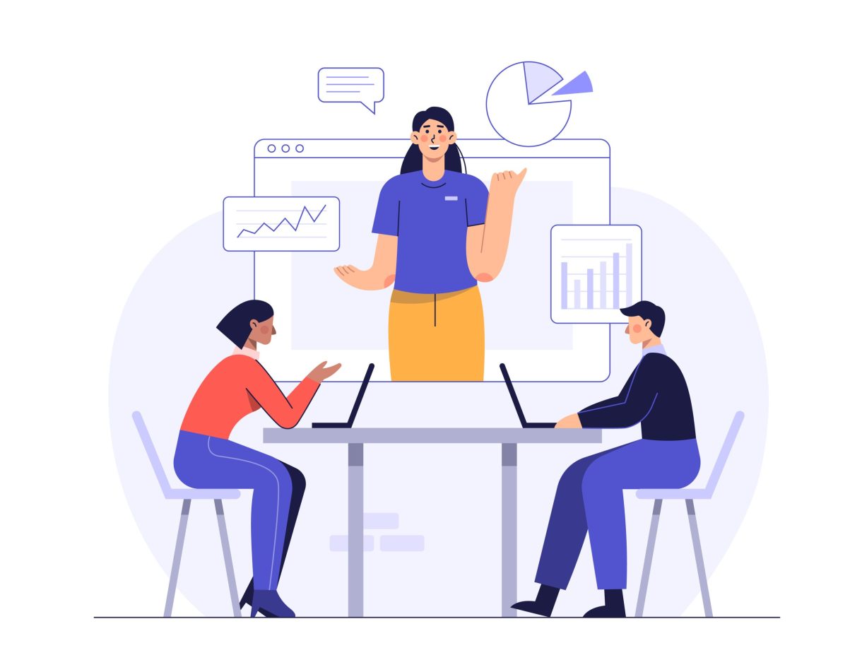 Online business meetings help businesses in the global environment of the coronavirus pandemic. The staff is presenting the plan via video call. vector illustration flat design